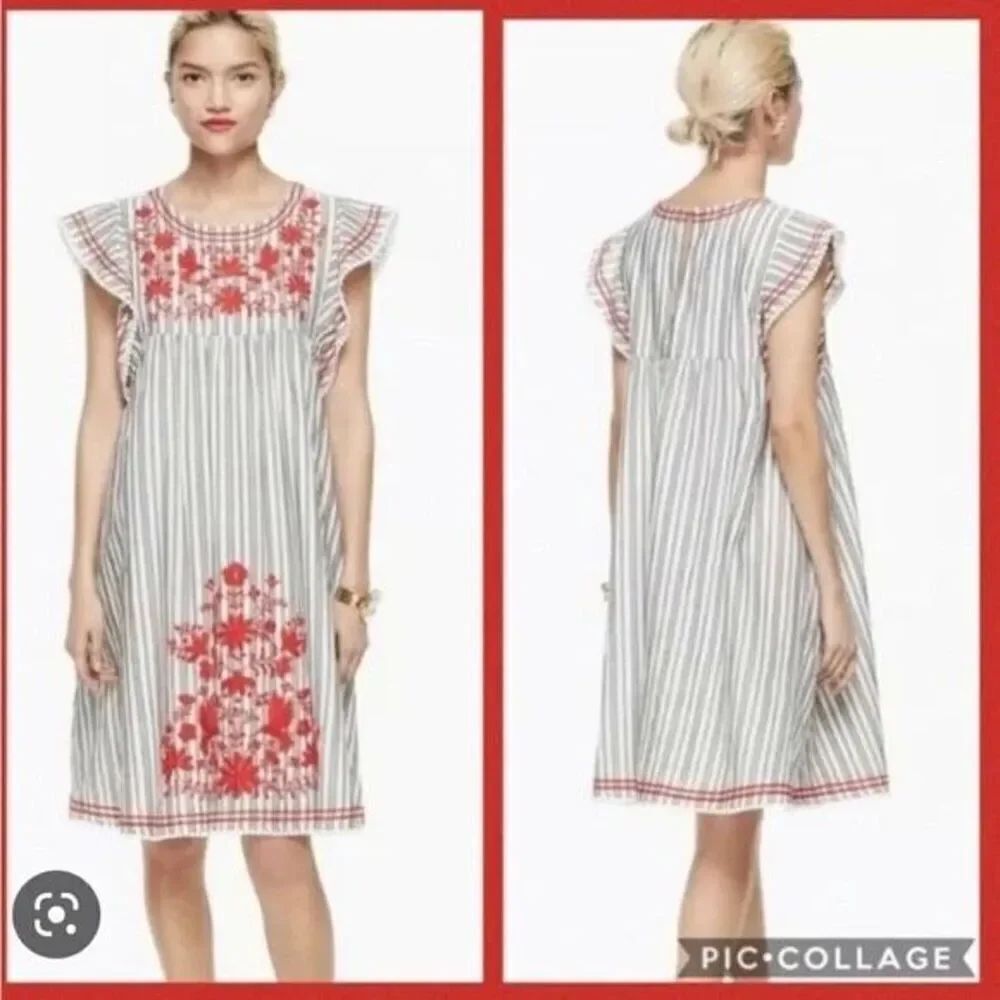 Kate Spade Broome Street Striped MIDI Dress Red Floral Birds Embroidery SZ XXS